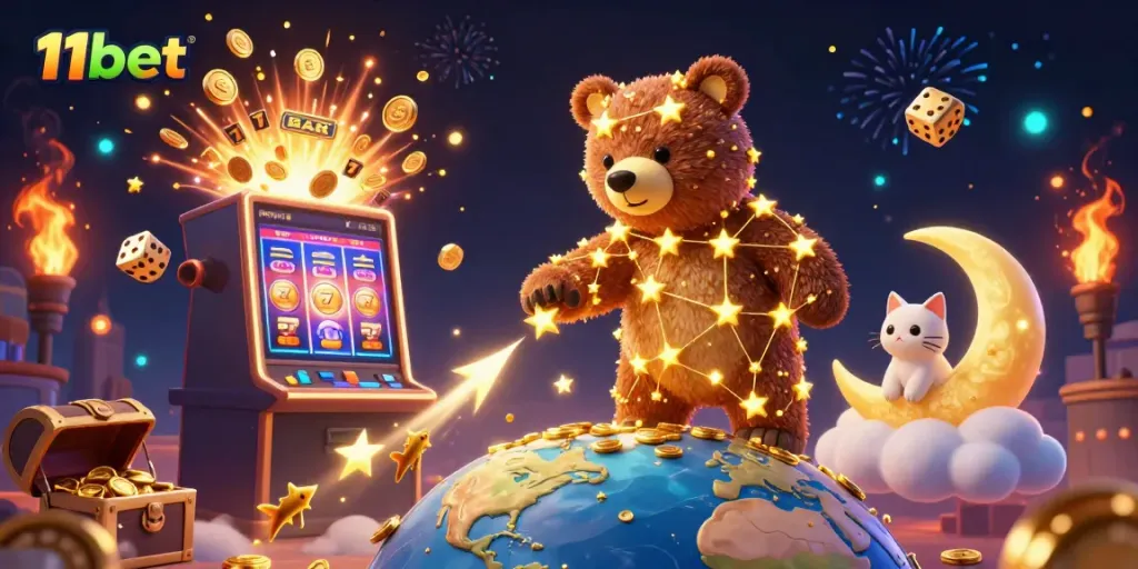 Experience big wins at 11bet with this vibrant casino illustration of a golden star bear and jackpot elements.