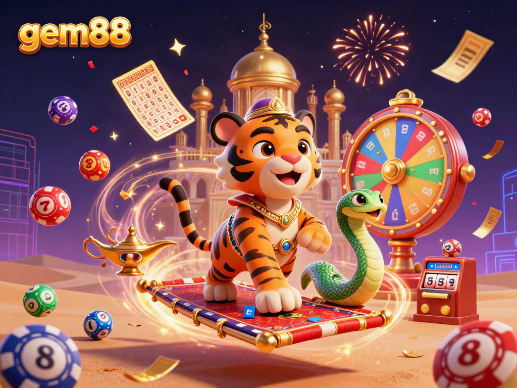 Experience the magic of gem88 with a vibrant casino-themed scene featuring a sultan, genie, and dynamic game elements.