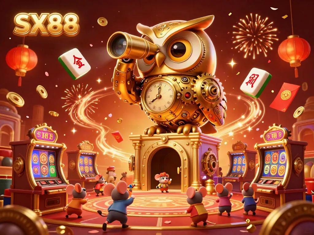 SX88 casino experience embodied by a clockwork owl and animated mouse patrons amid a vibrant gambling scene.