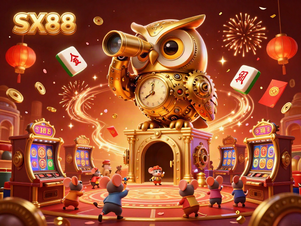 SX88 casino experience embodied by a clockwork owl and animated mouse patrons amid a vibrant gambling scene.