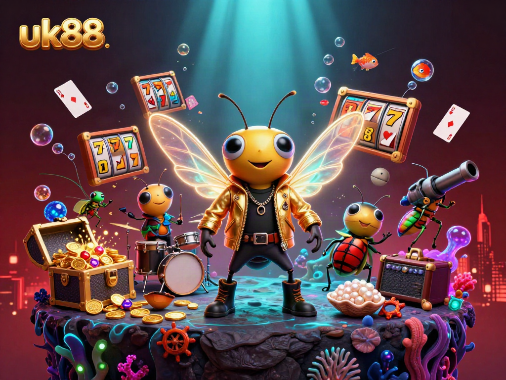 Experience the excitement at uk88 with vibrant casino characters and treasures in a dynamic scene.