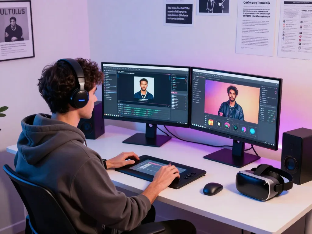 AI porn content creation scene with developer and digital art tools, emphasizing innovation and technology in adult content.