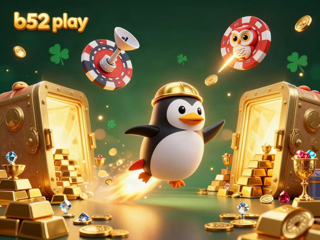 Experience thrilling games at b52 play with a vibrant scene of a penguin and casino elements.
