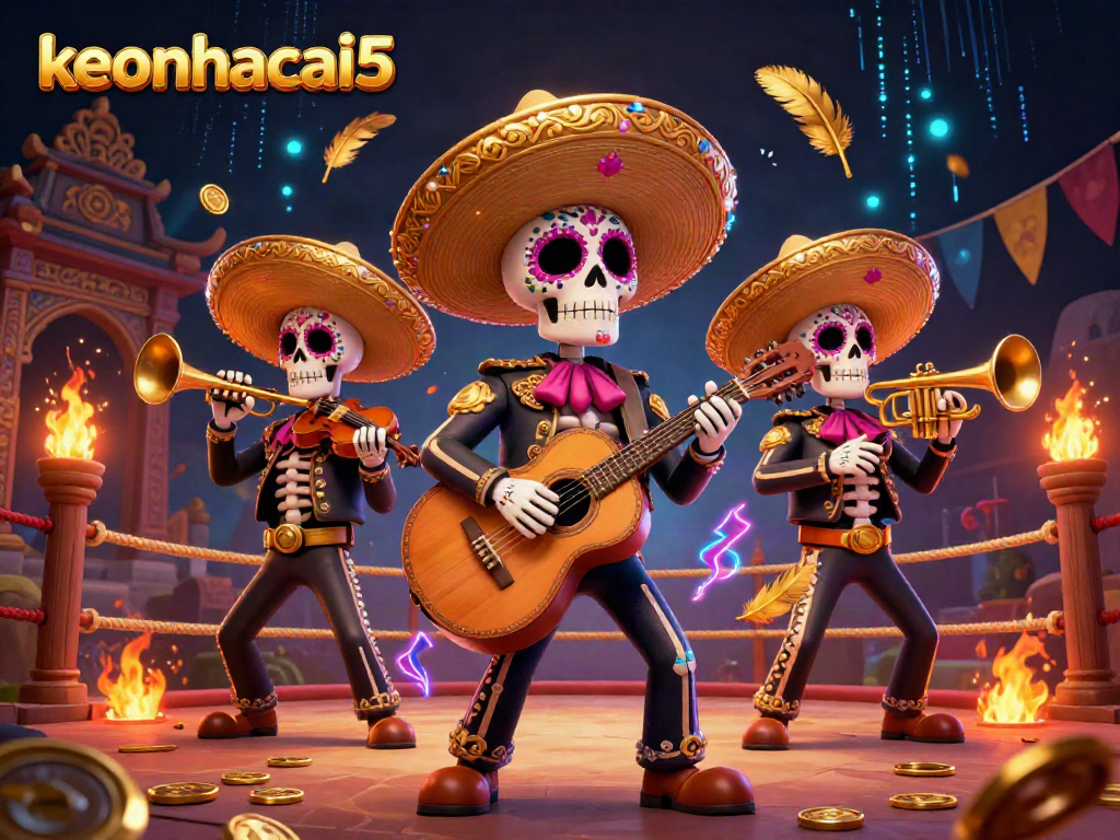Engage with keonhacai5's vibrant Day of the Dead themed casino atmosphere featuring mariachi band, dynamic gambling elements and colorful visuals.