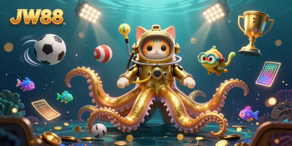 Experience the immersive world of JW88 with a vivid underwater scene featuring a kraken, diving cat, and sports betting dynamics.