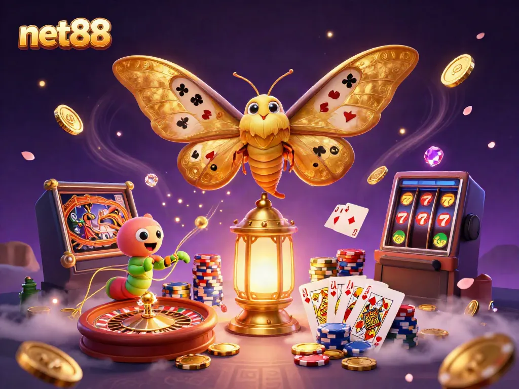 Winning big with Net88's vibrant casino experience featuring golden moth and game elements.