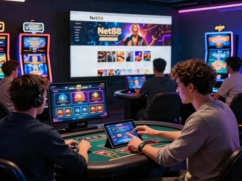 Exciting online gaming experience on https://net88.broker/ with vibrant graphics and players engaging with various games.