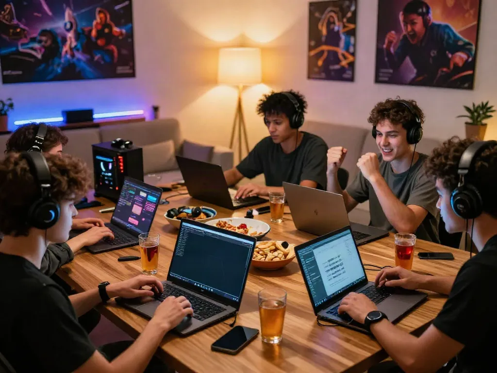 A vibrant gaming scene with players enjoying the DA88 online platform in a cozy living room filled with snacks and colorful decor.