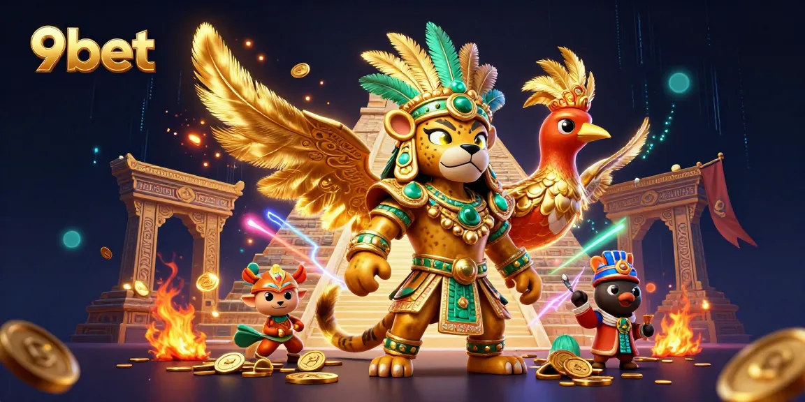 Experience the vibrant world of 9bet with an energetic illustration of Mayan themes, casino elements, and golden treasures.