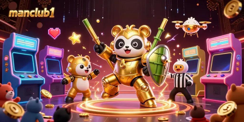 Experience thrilling gameplay with manclub1 in a vibrant casino arena filled with champions and arcade elements.