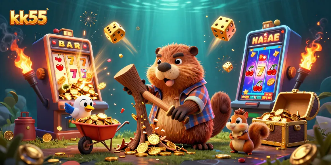 Spin and win at kk55 with a vibrant illustration of playful casino elements and cartoon characters.